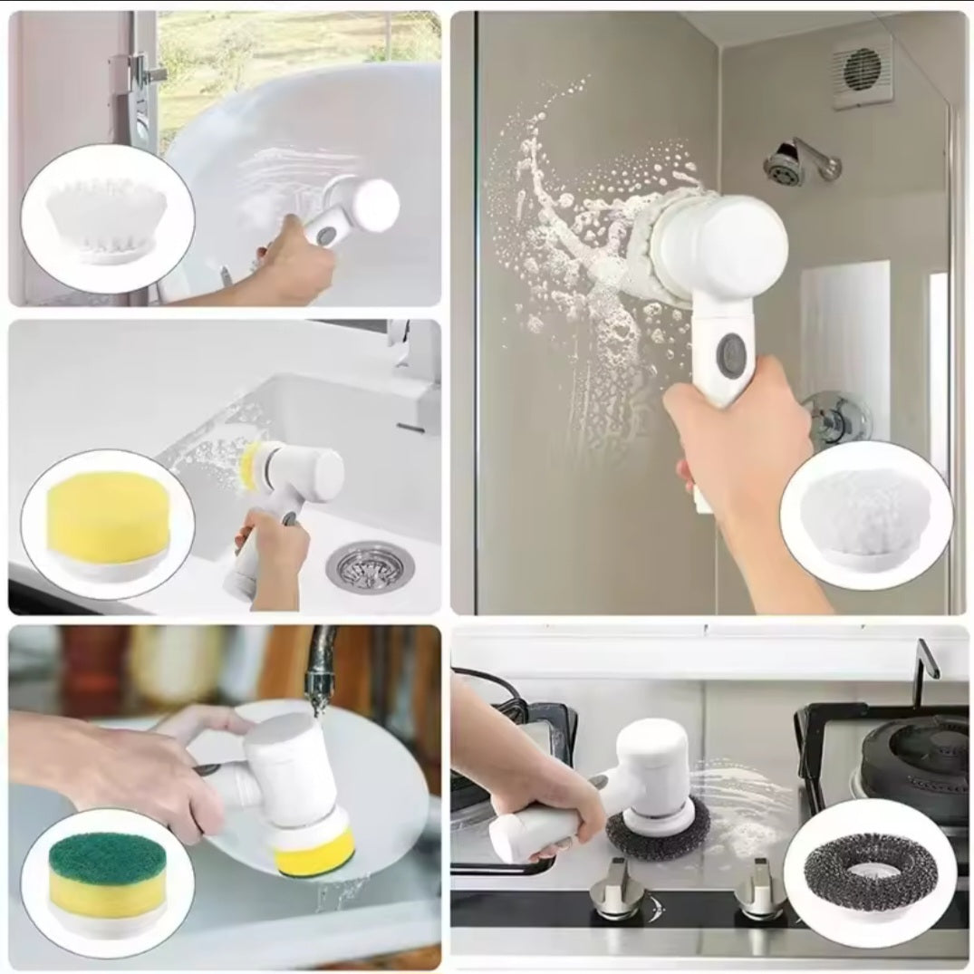 Cepillo limpiador giratorio eléctrico, cepillo de limpieza con 5 cabezales de cepillo reemplazables para bañera, suelo, azulejos, estufa, vidrio.