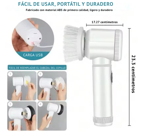 Cepillo limpiador giratorio eléctrico, cepillo de limpieza con 5 cabezales de cepillo reemplazables para bañera, suelo, azulejos, estufa, vidrio.